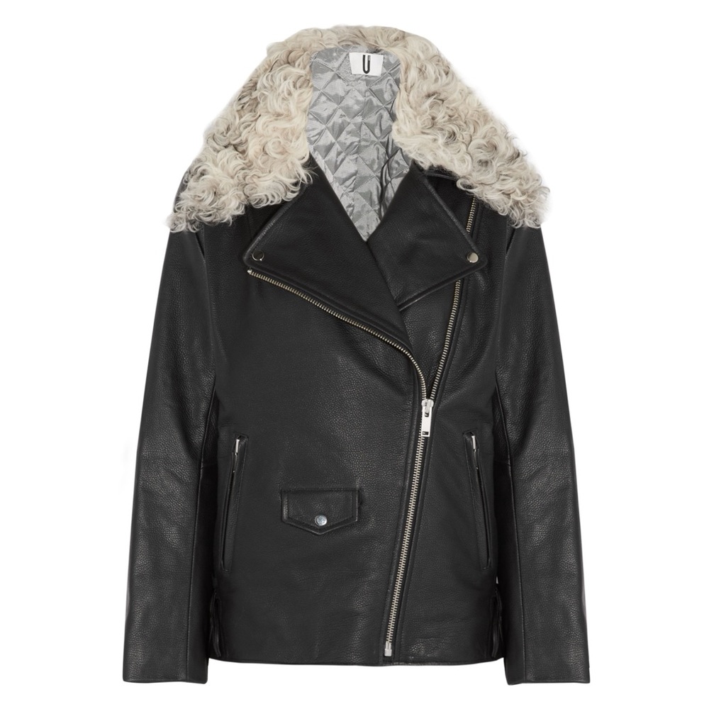 Black Swinton Shearling Leather Biker Jacket UK 8